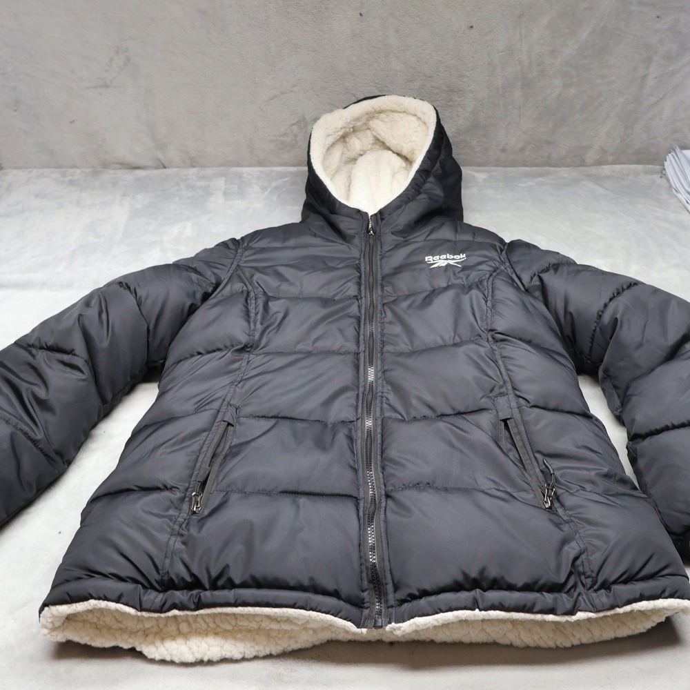 Reebok Jacket Women Large Black Reversible Sherpa Fleece Insulated Hooded Winter
